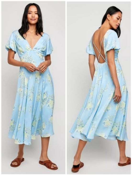 Free People Dresses & Skirts - Free People Revolve Laura Blue Floral Print Satin Strappy Open Back Midi Dress